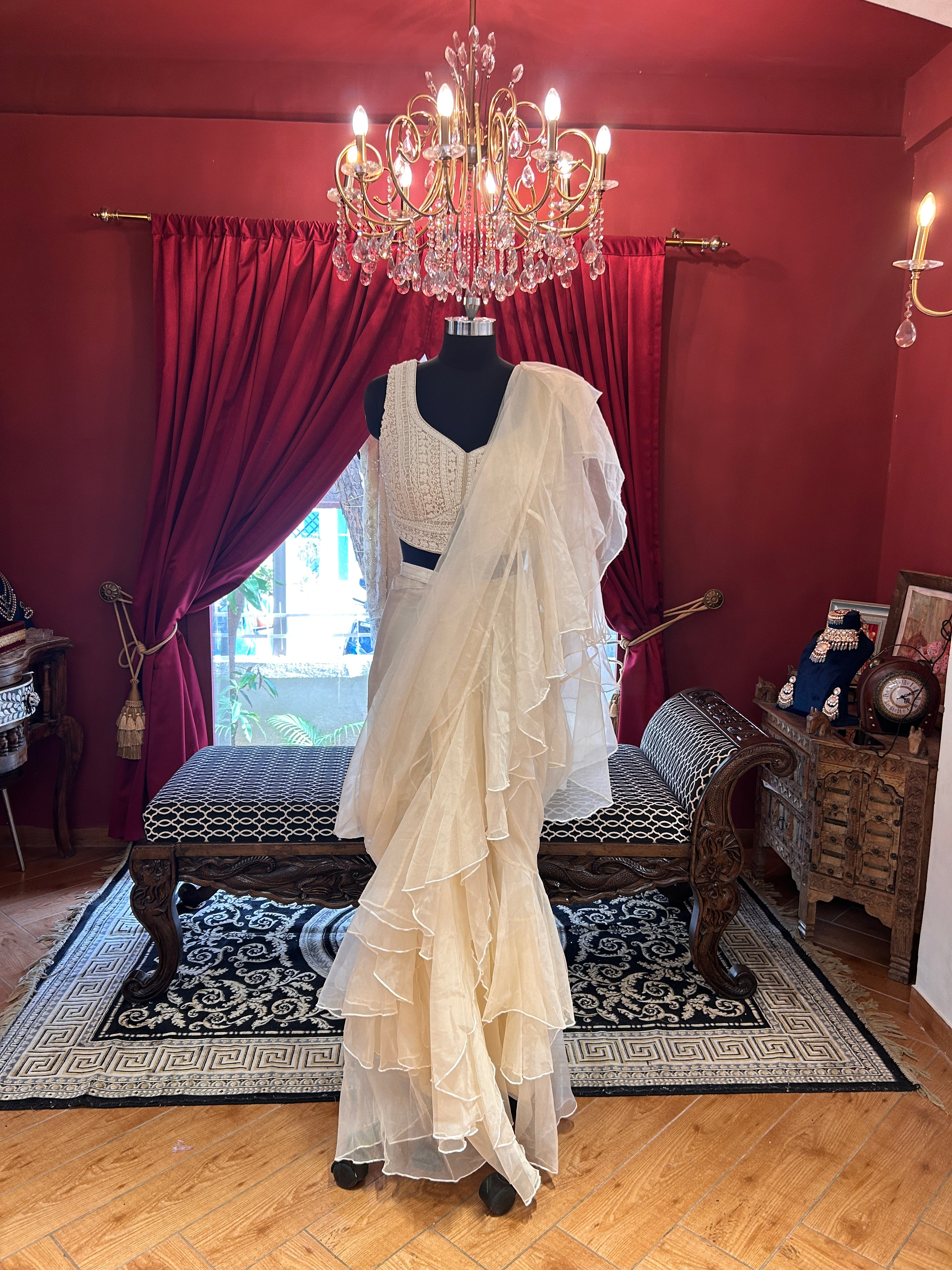 Whispering Veil Draping Saree With Pearl Blouse – Tavanjo