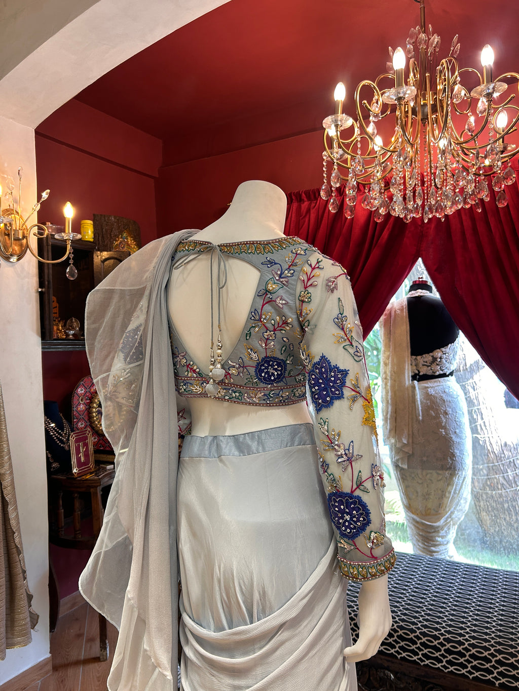 Ice Blue Hand Embroidered Saree