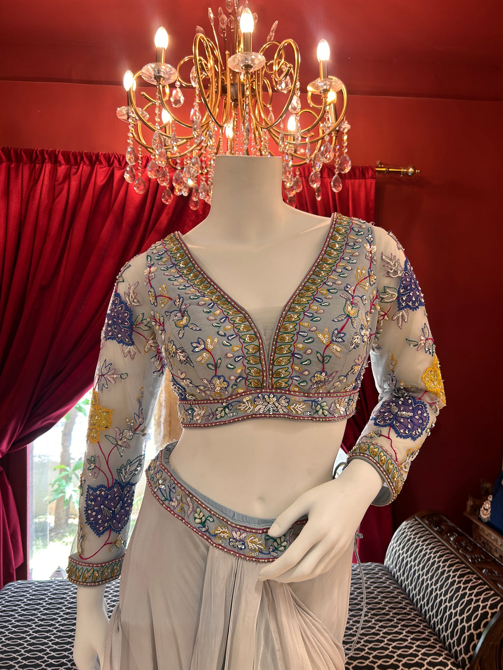 Ice Blue Hand Embroidered Saree