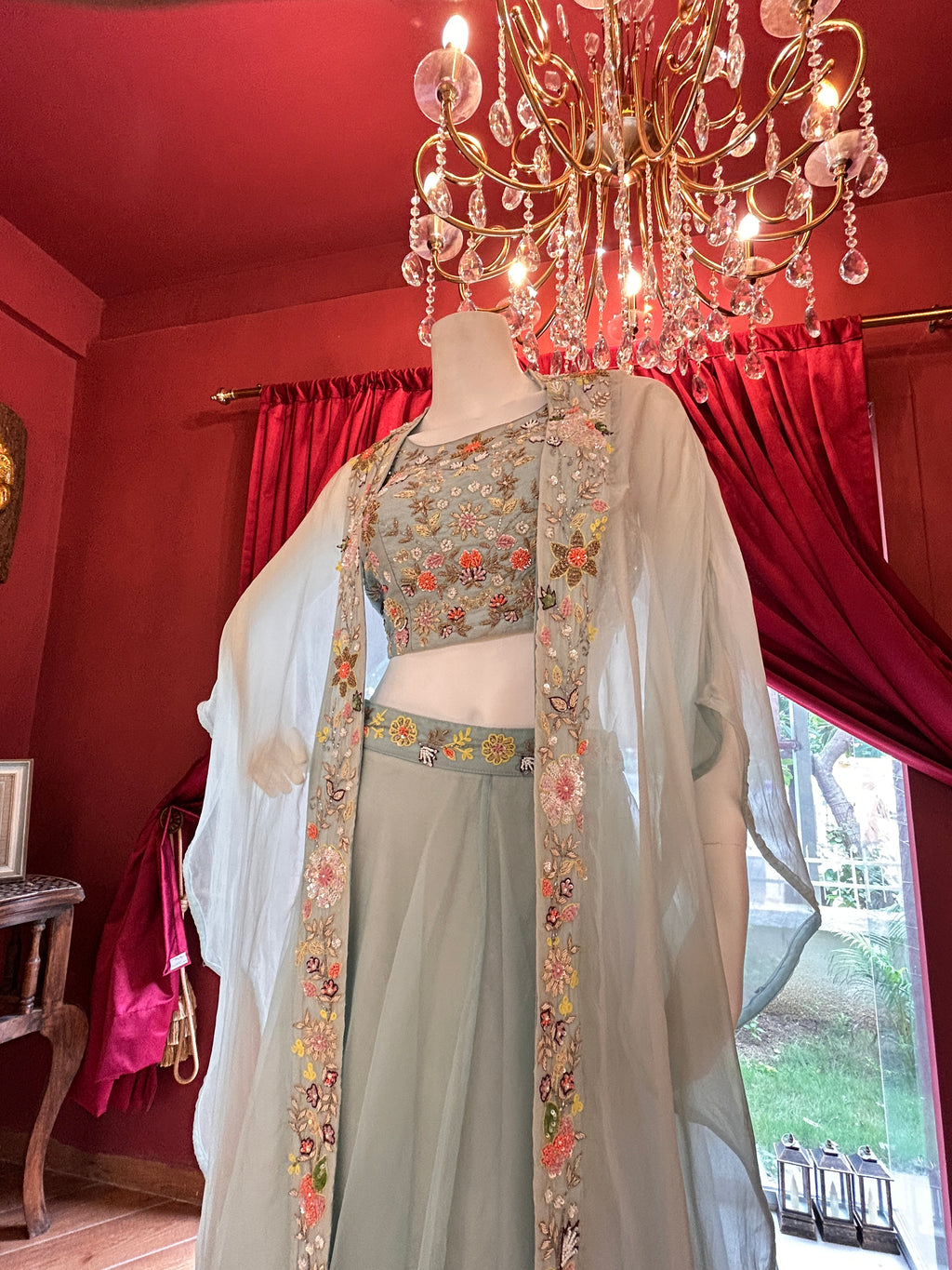 Sky-blue, hand-embroidered, floral motif Indo-Western three-piece shrug set