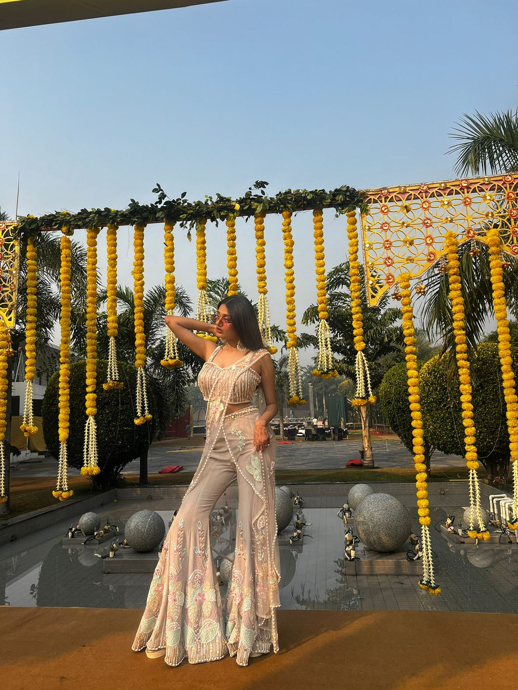 PDP grey, fully hand-embroidered, saree-style Indo-Western palazzo set.