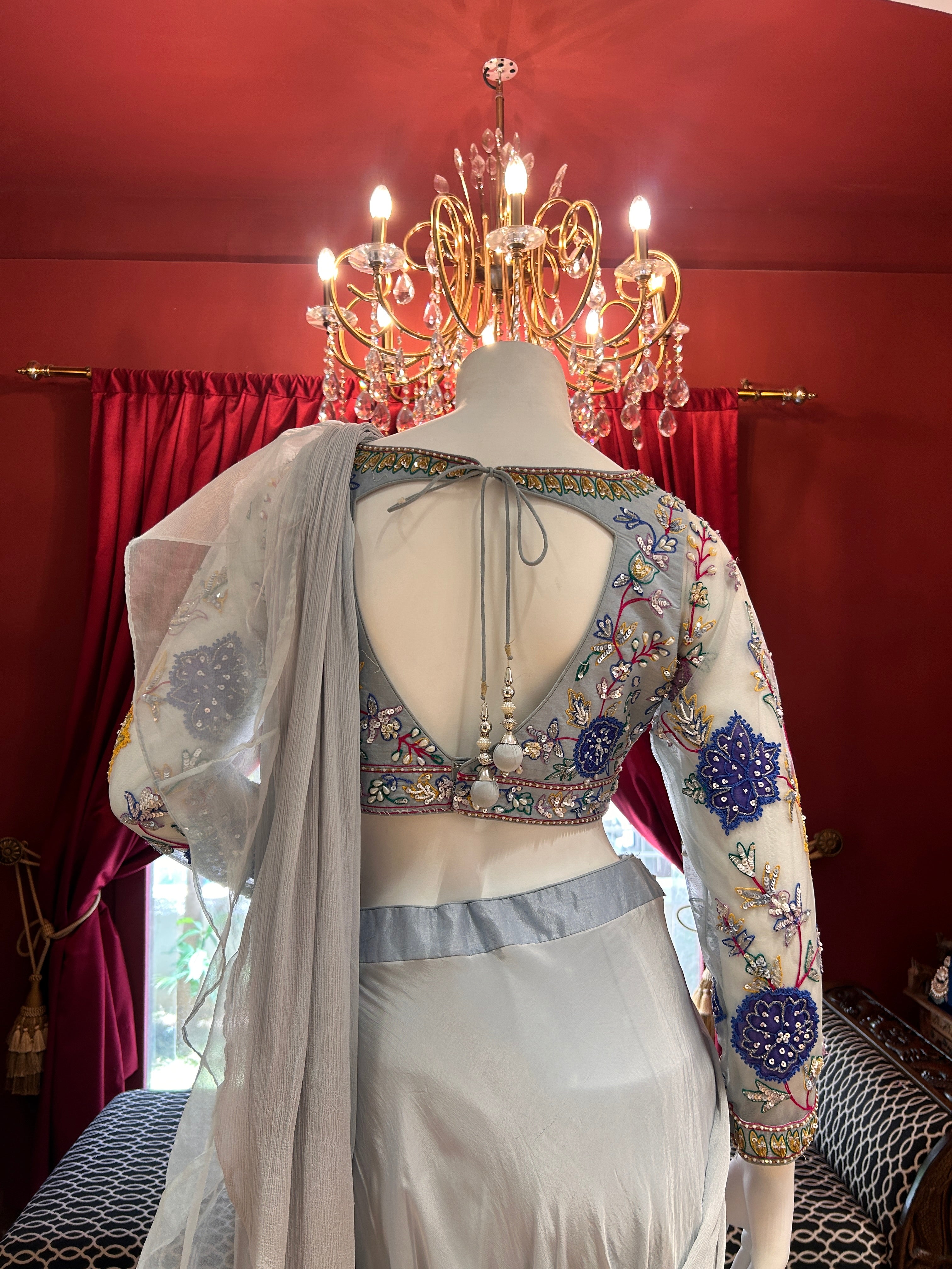 Ice Blue Hand Embroidered Saree