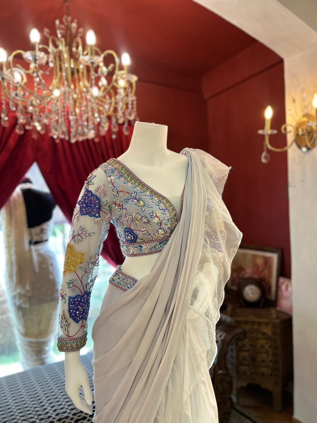 Ice Blue Hand Embroidered Saree