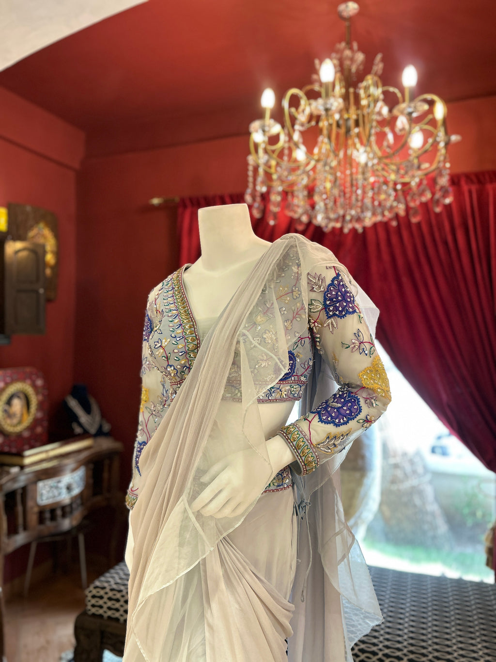 Ice Blue Hand Embroidered Saree