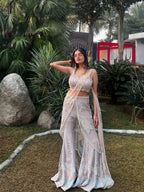 PDP grey, fully hand-embroidered, saree-style Indo-Western palazzo set.