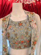 Sky-blue, hand-embroidered, floral motif Indo-Western three-piece shrug set