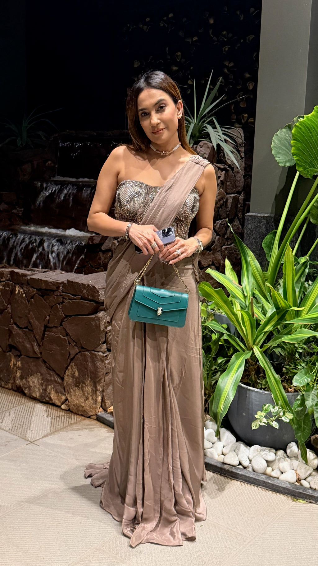 Chocolate Drape Saree with Mirror Work Blouse