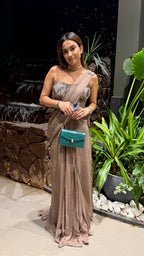 Chocolate Drape Saree with Mirror Work Blouse