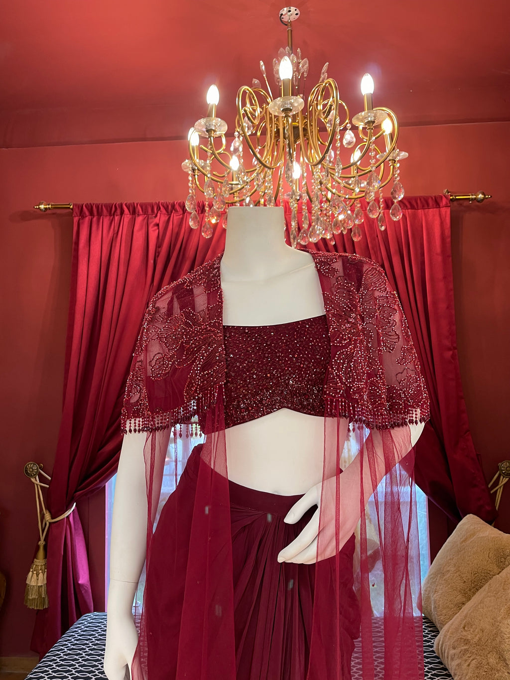 Red Indowestern With Draped Skirt