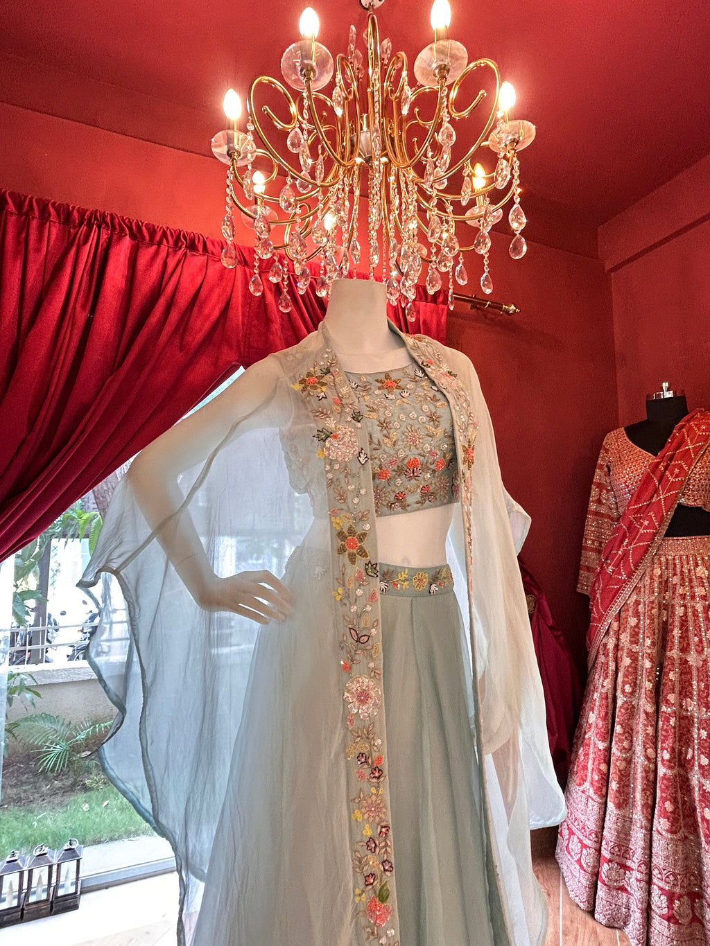 Sky-blue, hand-embroidered, floral motif Indo-Western three-piece shrug set