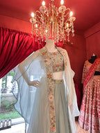 Sky-blue, hand-embroidered, floral motif Indo-Western three-piece shrug set