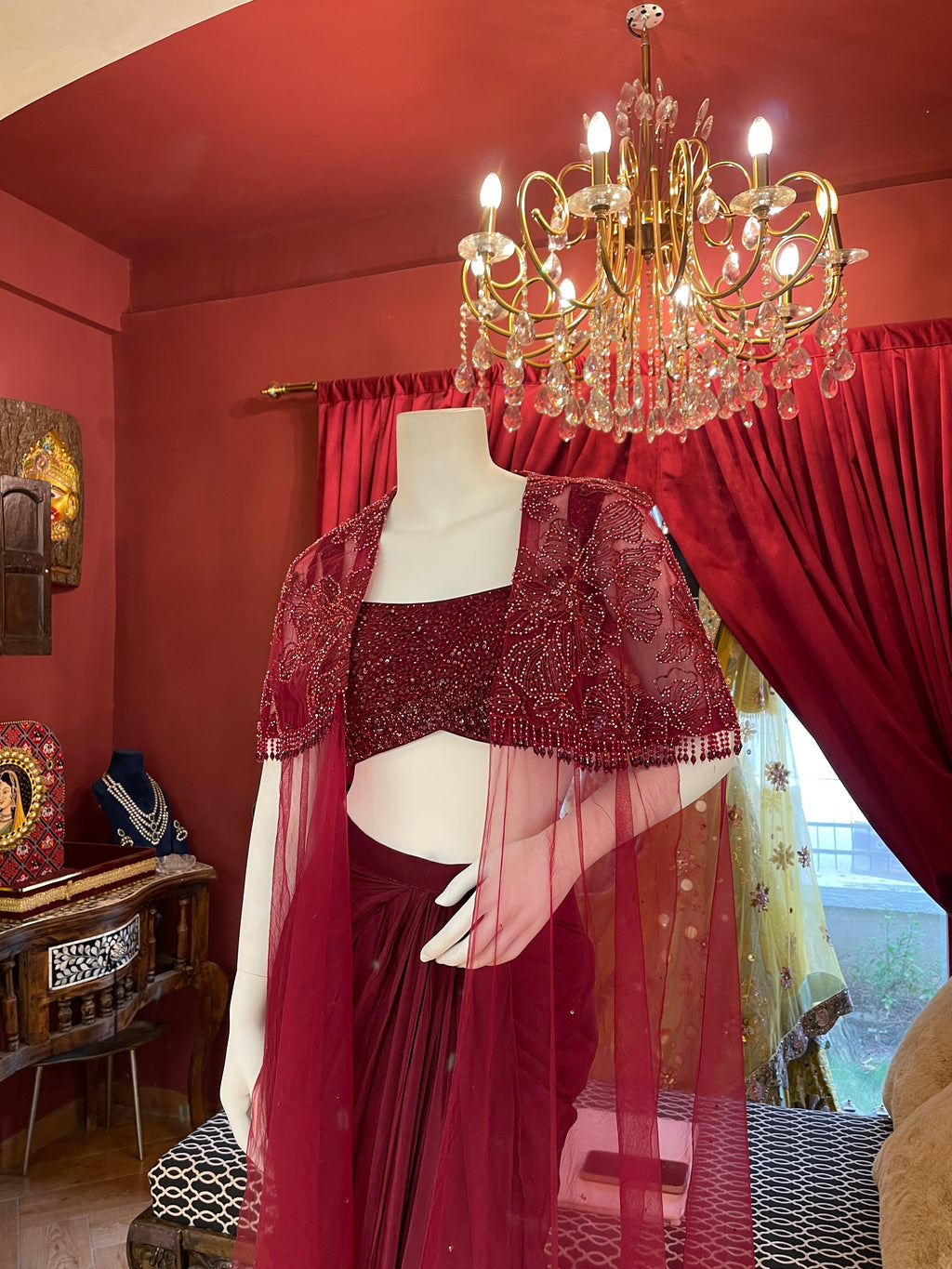 Red Indowestern With Draped Skirt