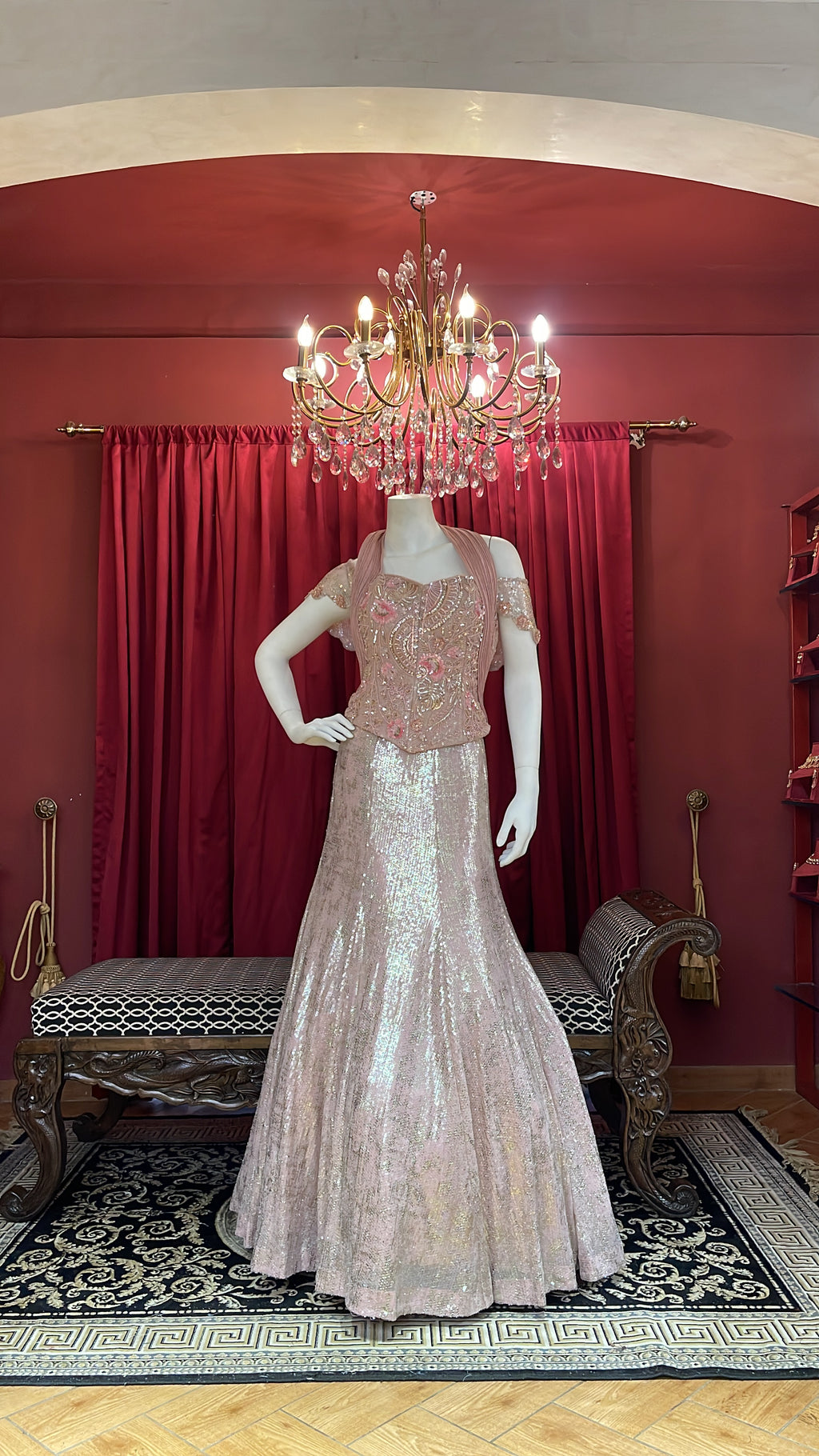 Mocha Shimmer Sequined Fish Cut Lehenga Set with Off-Shoulder Corset Blouse