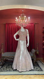 Mocha Shimmer Sequined Fish Cut Lehenga Set with Off-Shoulder Corset Blouse