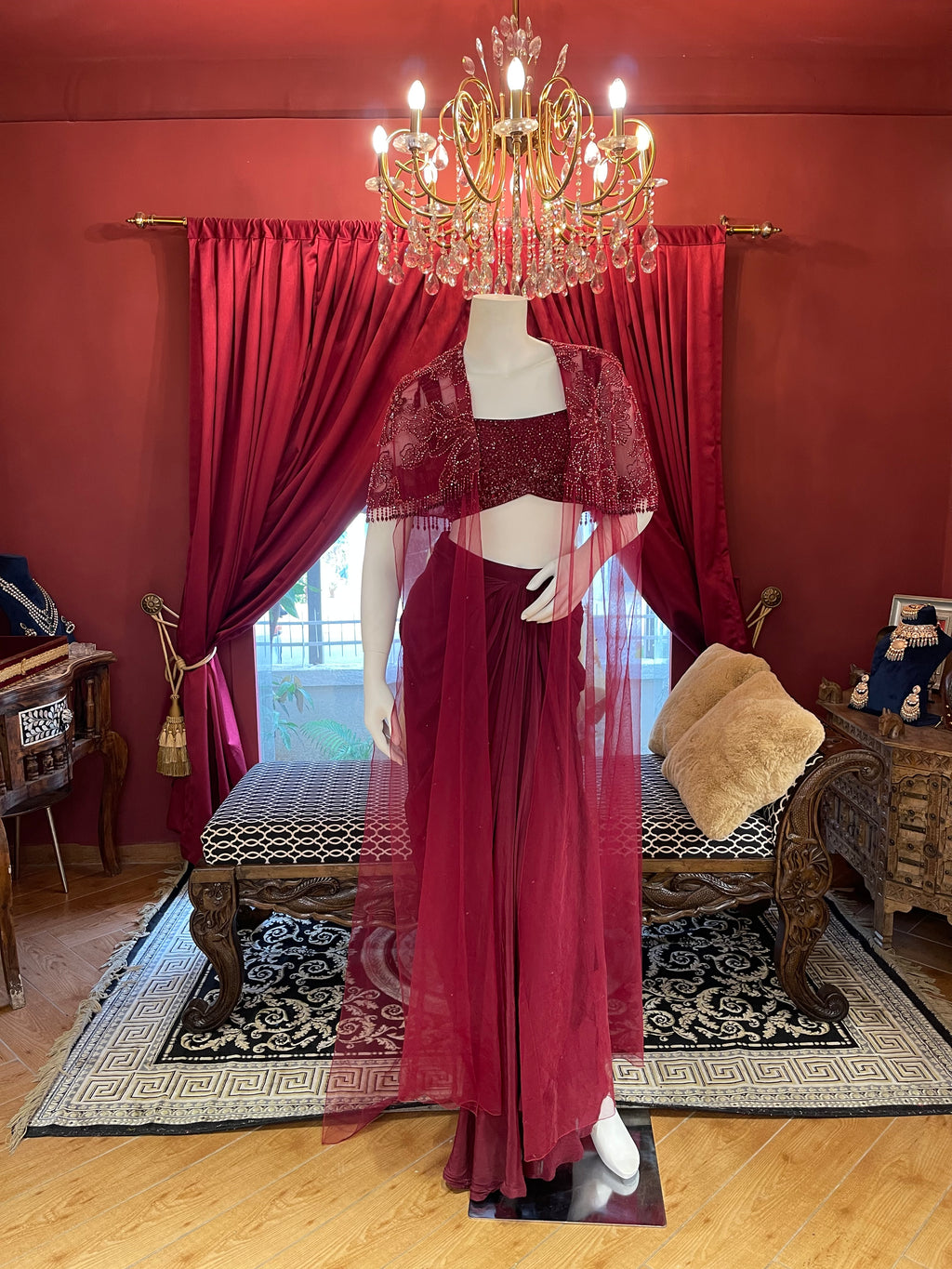 Red Indowestern With Draped Skirt