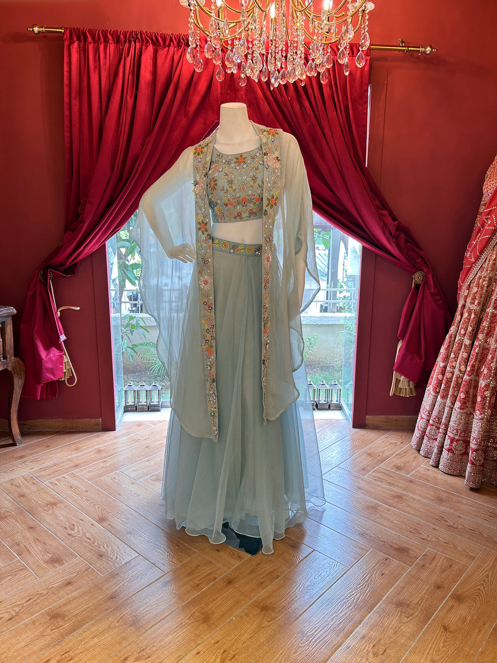 Sky-blue, hand-embroidered, floral motif Indo-Western three-piece shrug set