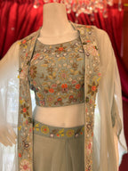 Sky-blue, hand-embroidered, floral motif Indo-Western three-piece shrug set