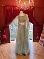 Sky-blue, hand-embroidered, floral motif Indo-Western three-piece shrug set