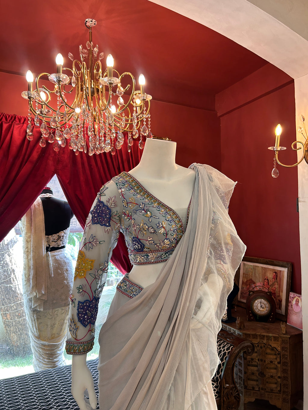 Ice Blue Hand Embroidered Saree