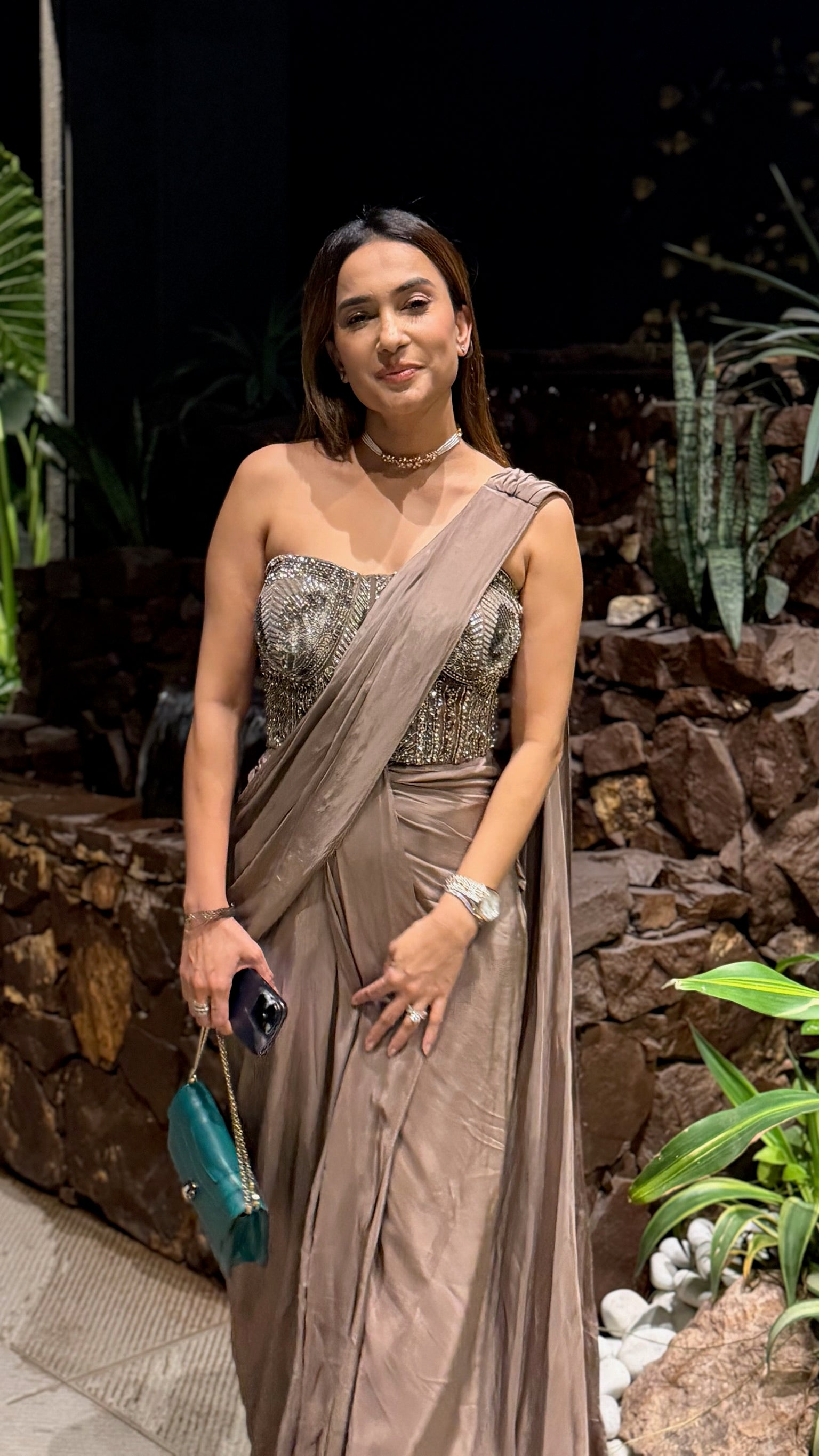 Chocolate Drape Saree with Mirror Work Blouse