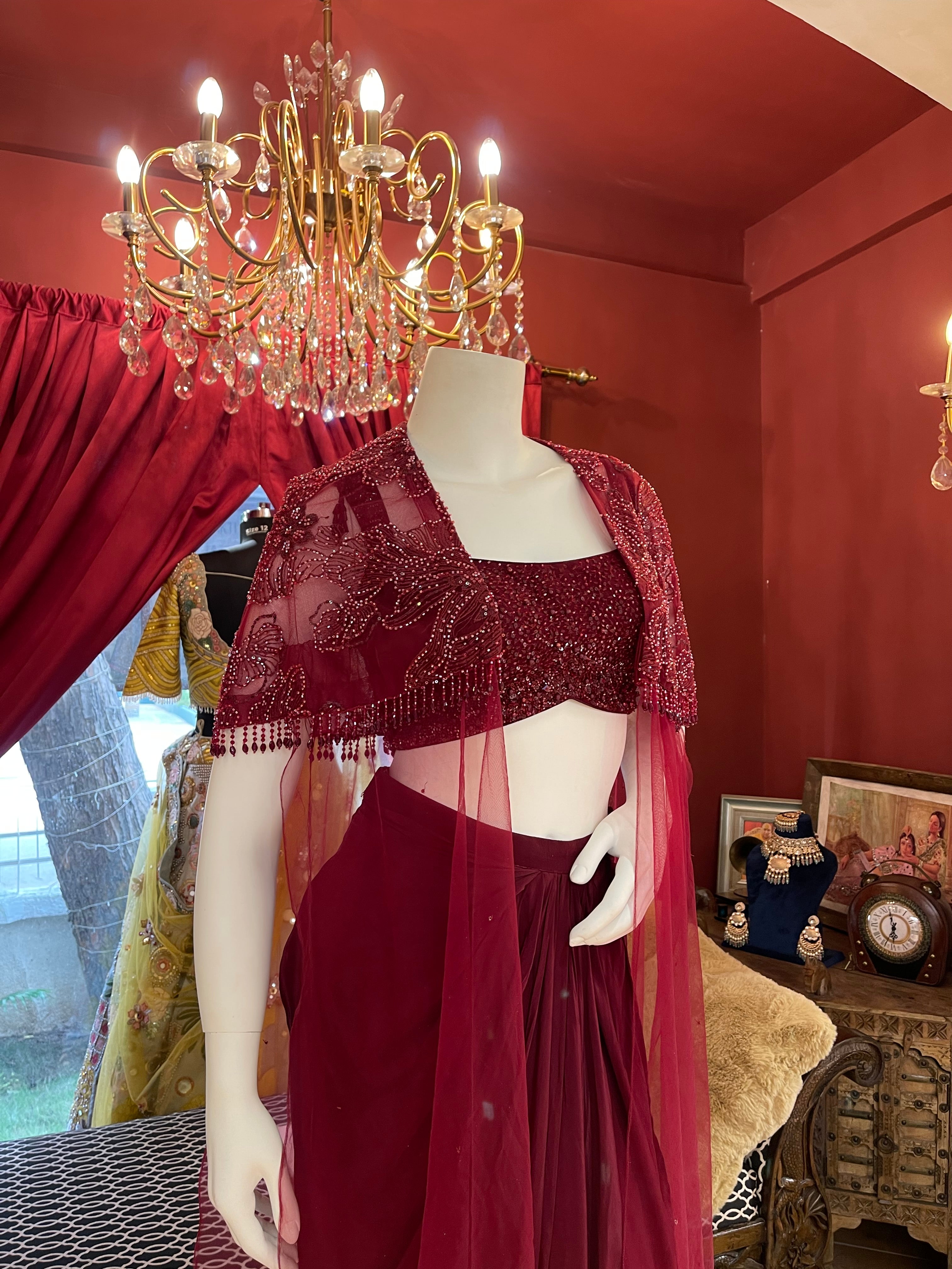 Red Indowestern With Draped Skirt