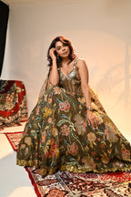 Green Floral Corset Lehenga