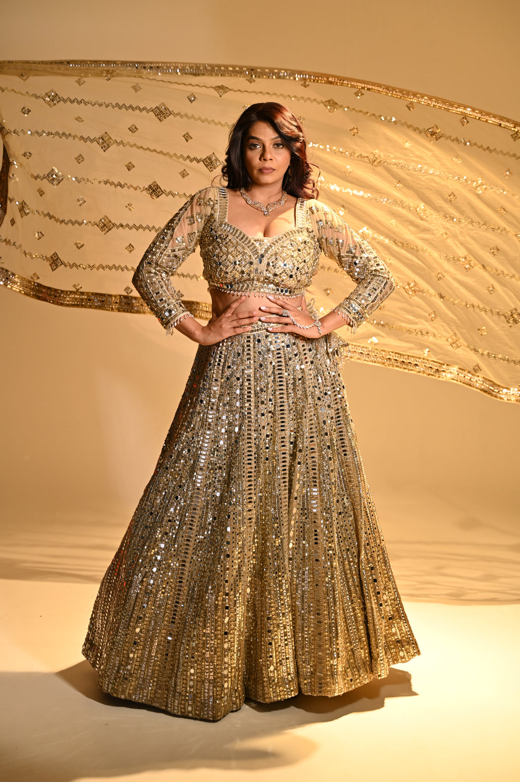 Golden Mirror Work Lehenga