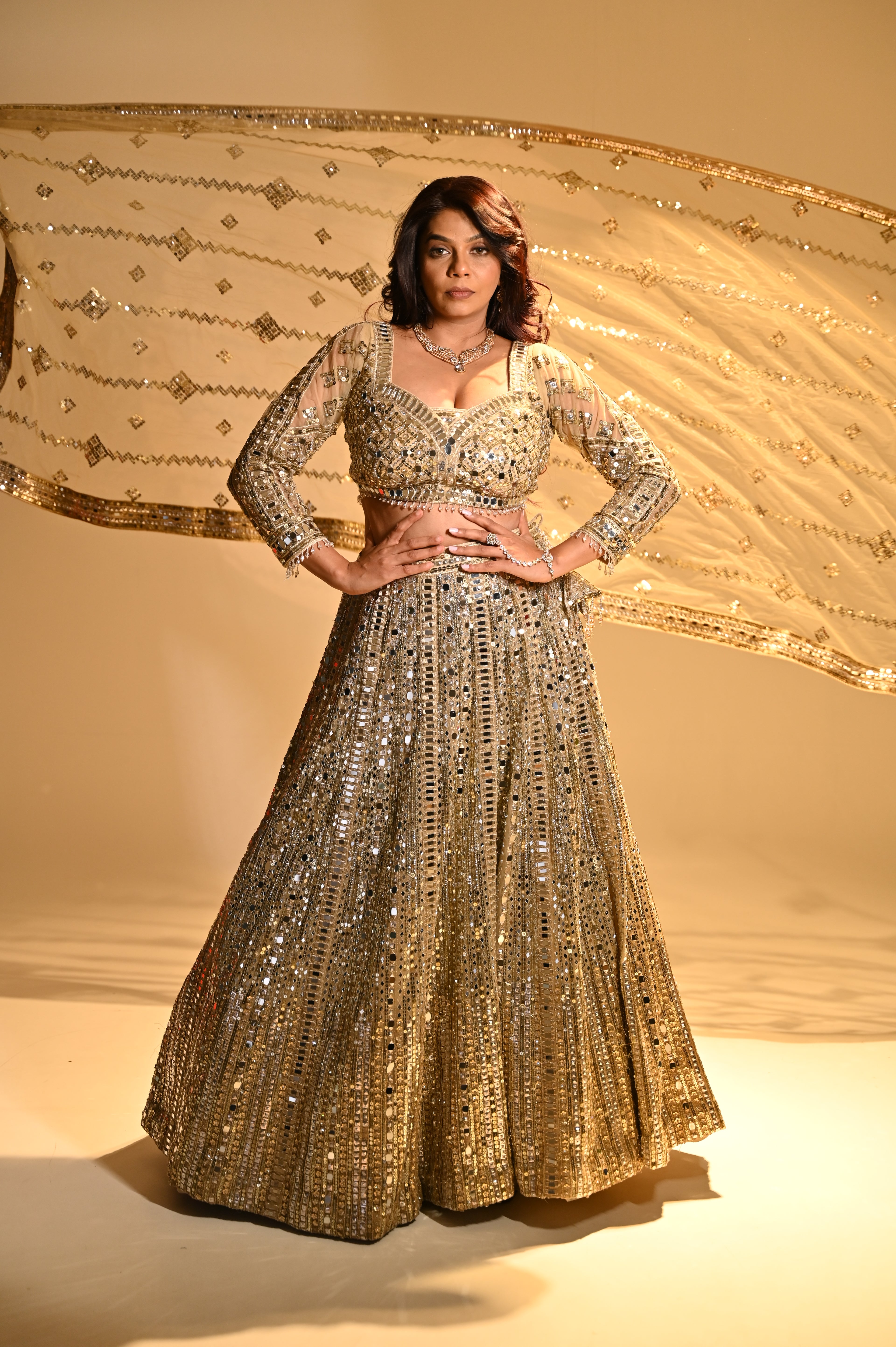 Golden Mirror Work Lehenga