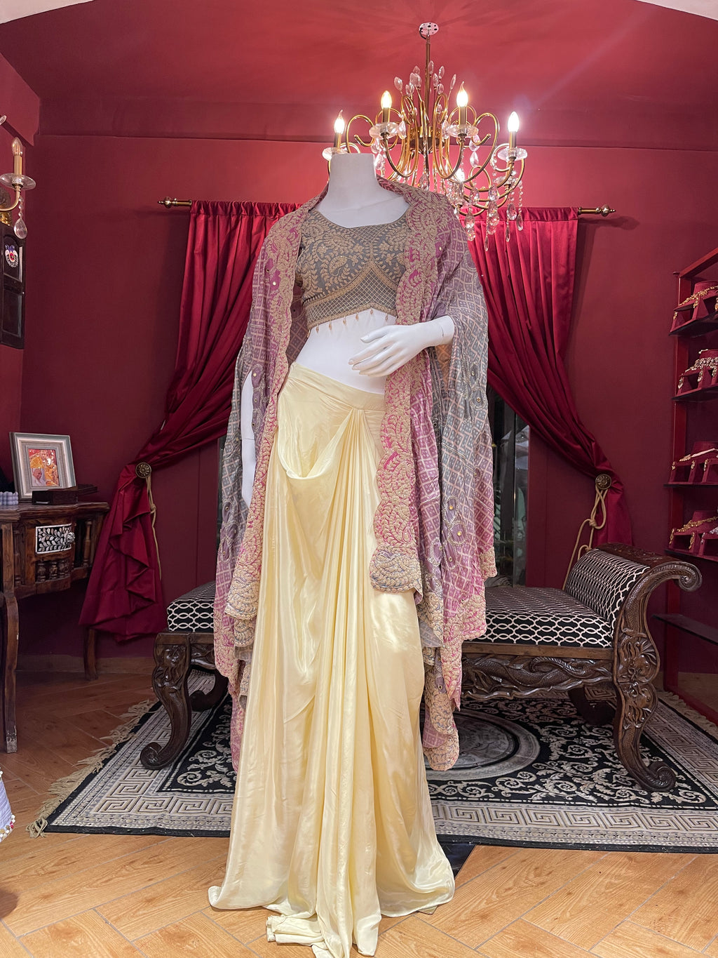 Bandhani Cape With Draped Skirt X Orepiya