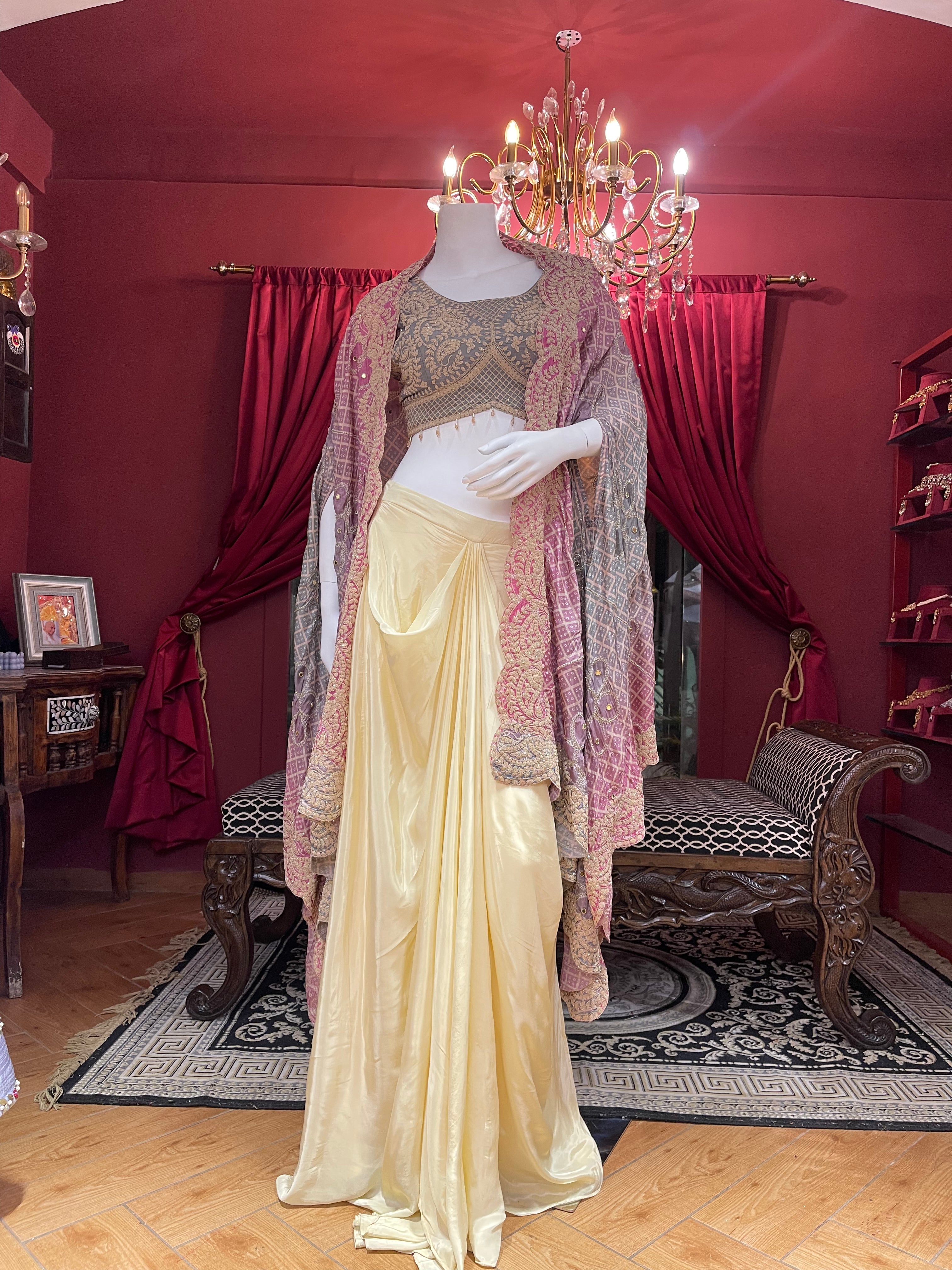 Bandhani Cape With Draped Skirt X Orepiya