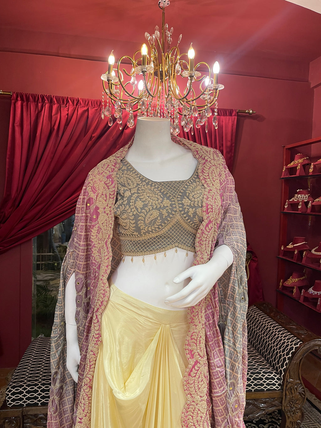 Bandhani Cape With Draped Skirt X Orepiya