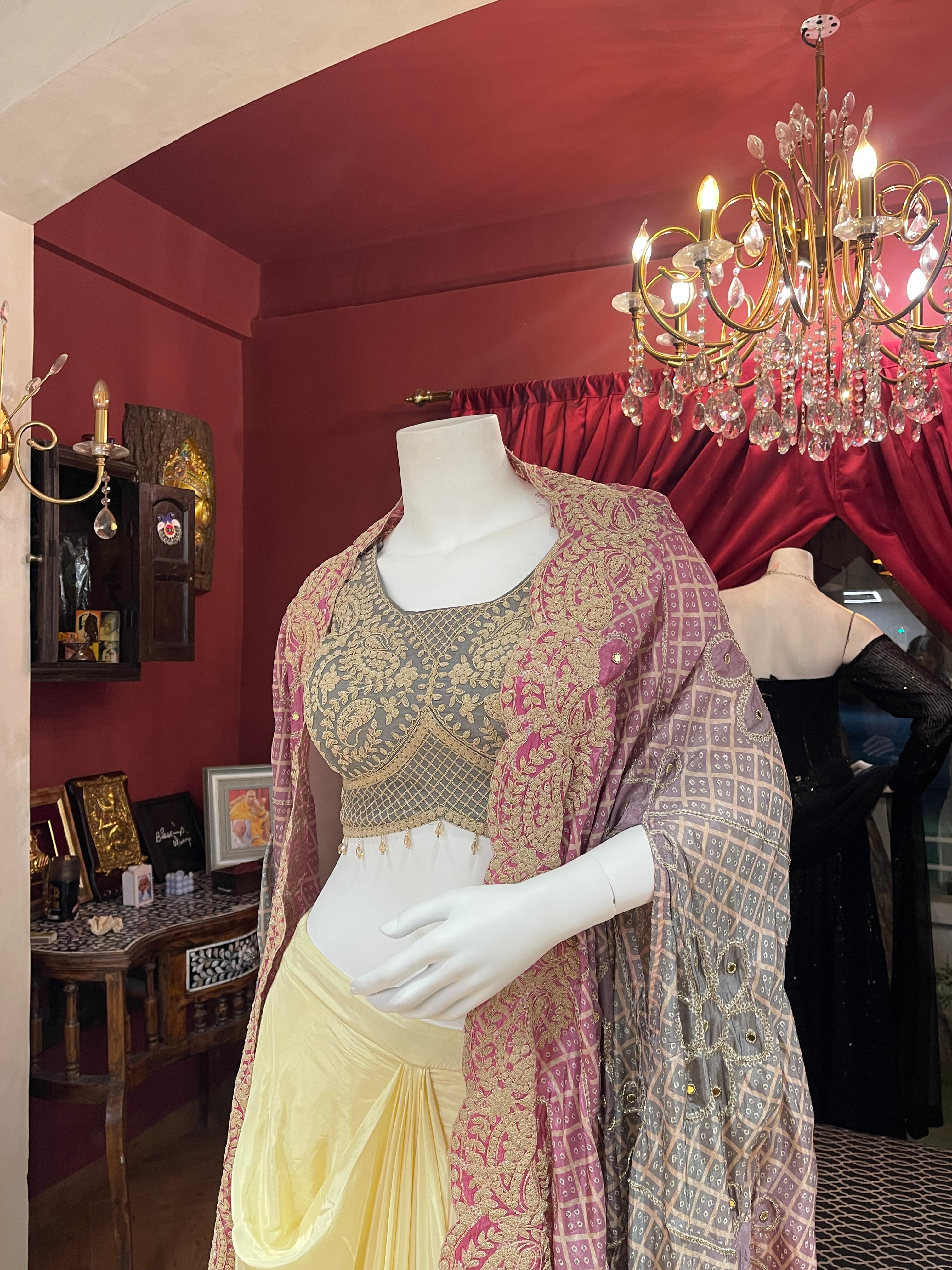 Bandhani Cape With Draped Skirt X Orepiya