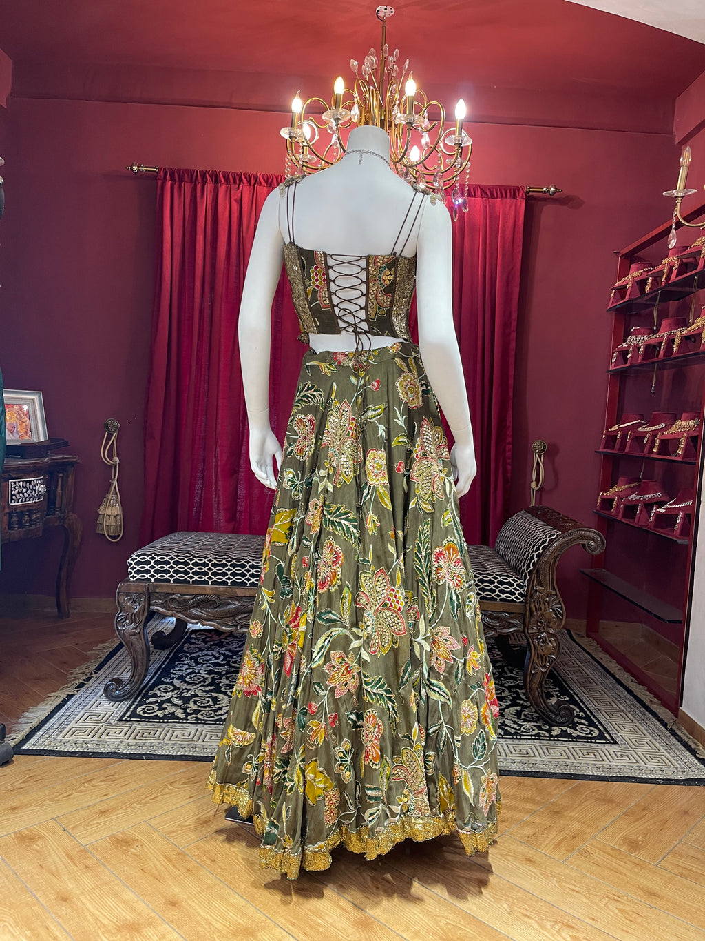 Green Floral Corset Lehenga