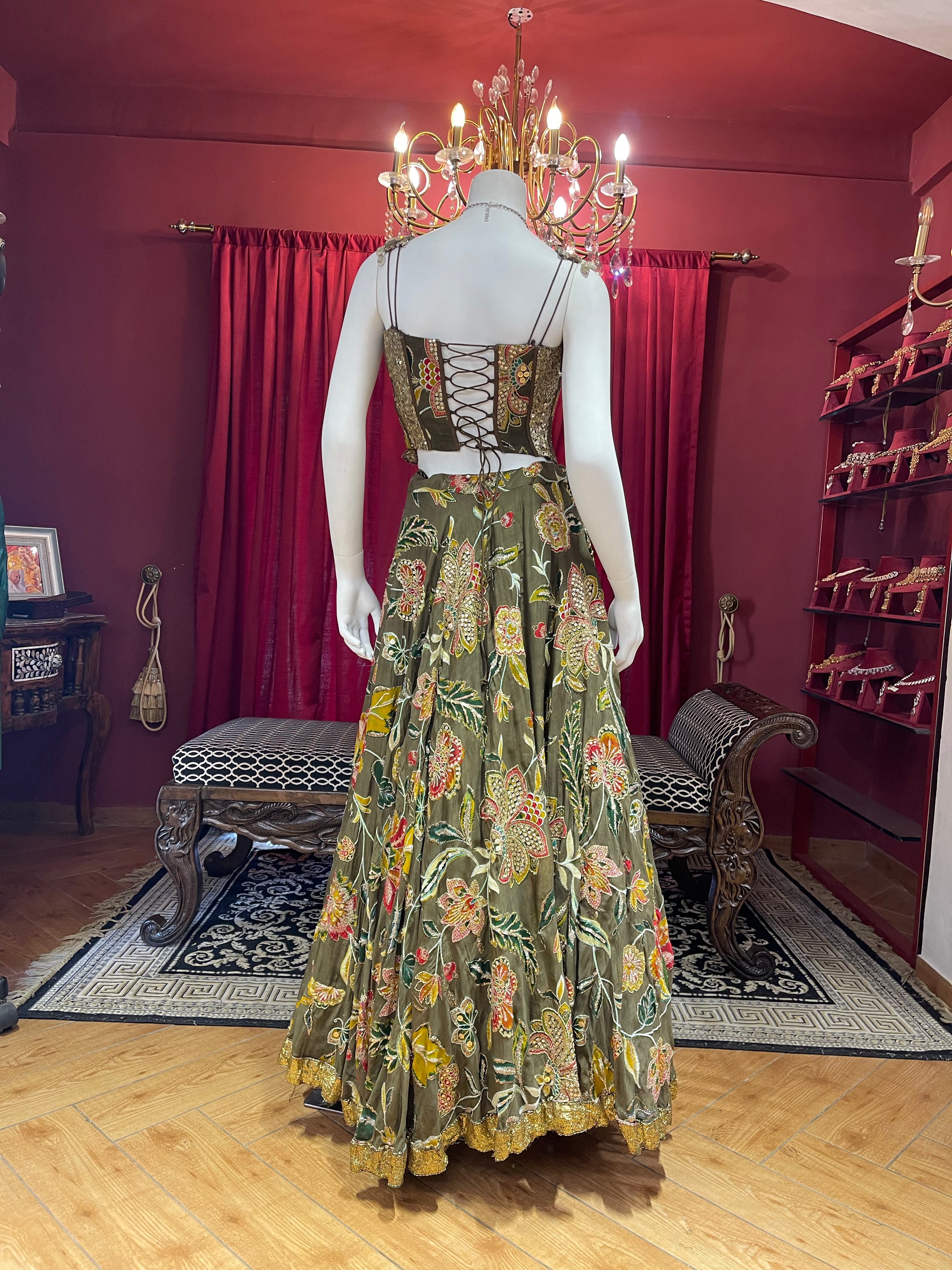 Green Floral Corset Lehenga