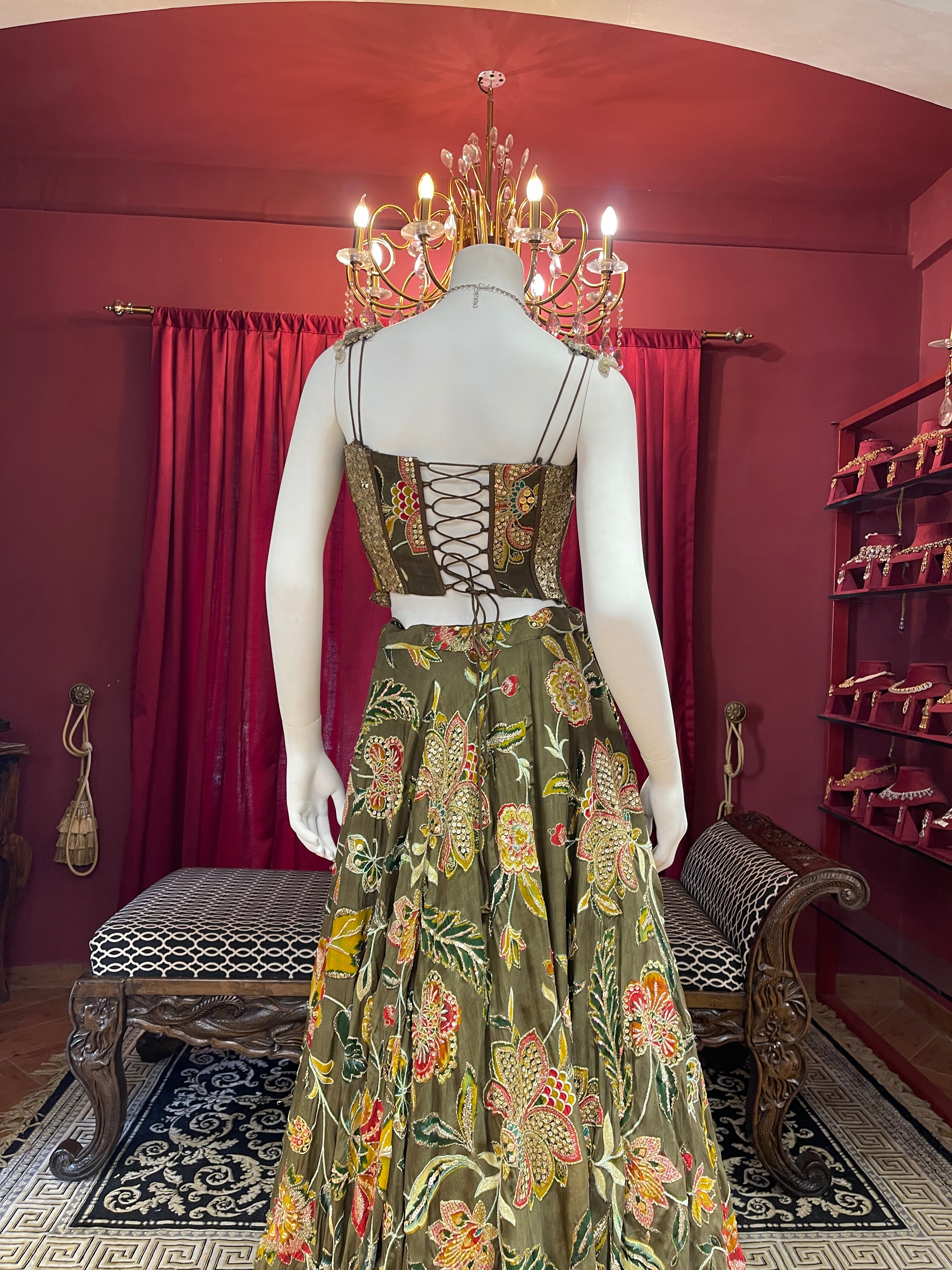 Green Floral Corset Lehenga