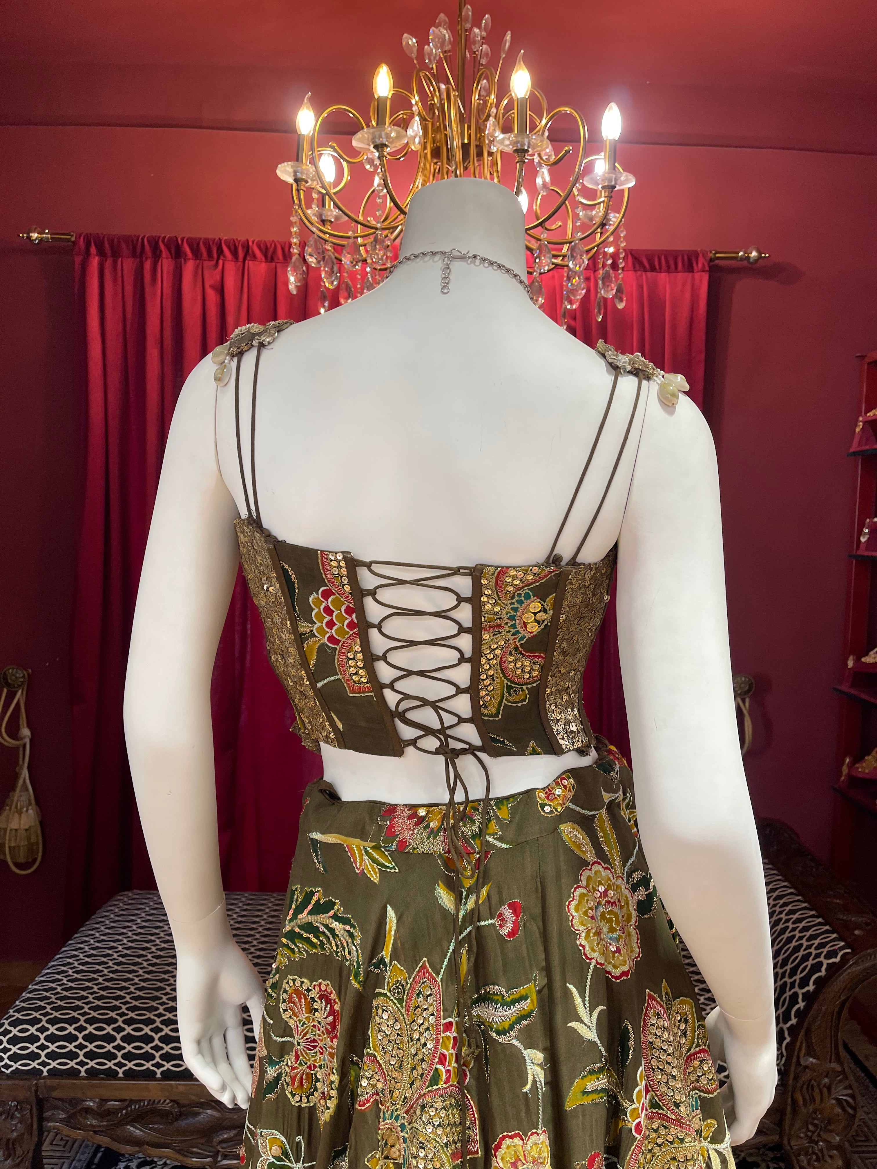 Green Floral Corset Lehenga