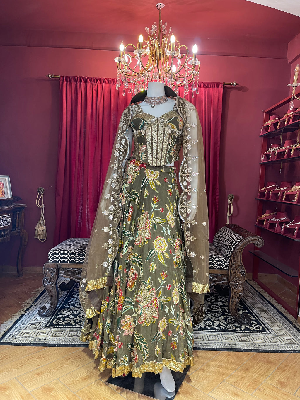 Green Floral Corset Lehenga