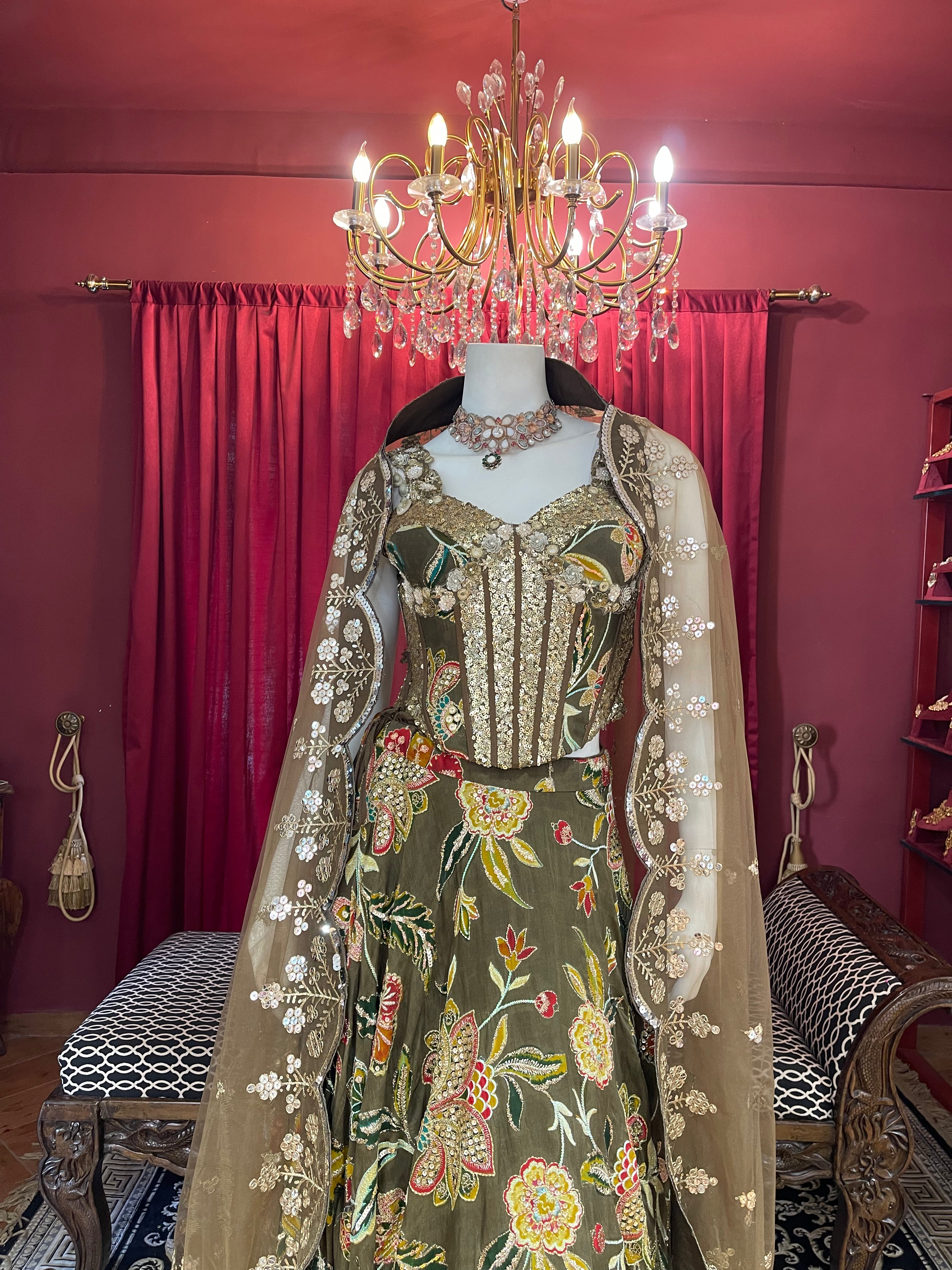 Green Floral Corset Lehenga