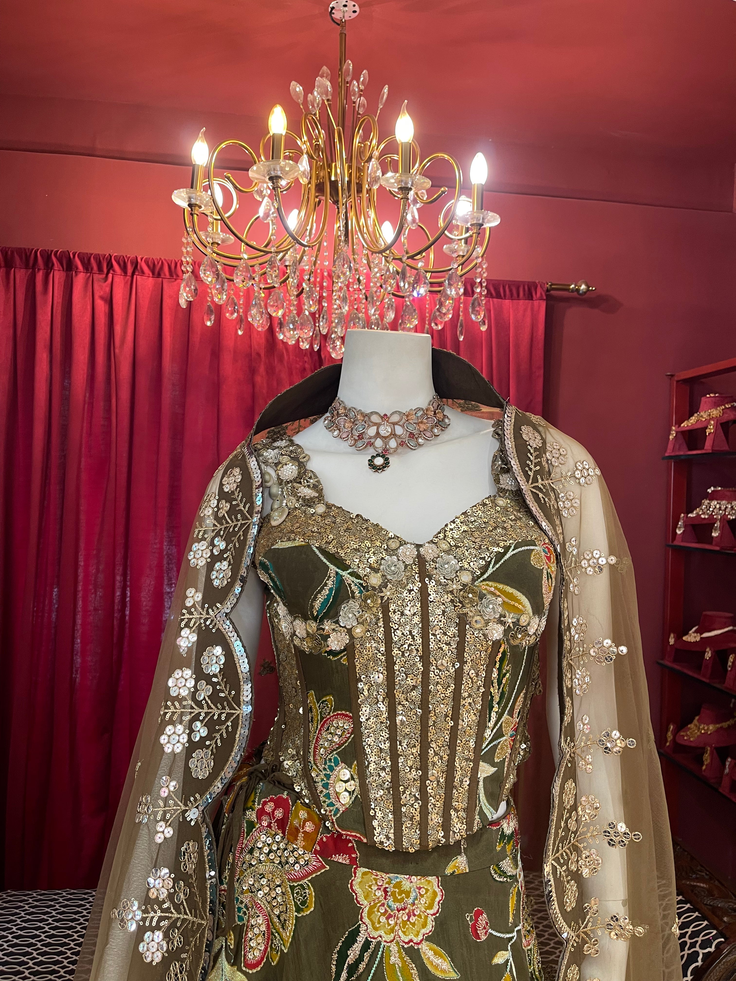 Green Floral Corset Lehenga