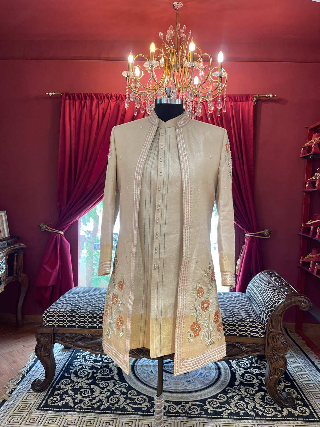 Golden Sherwani With Floral Embroidery