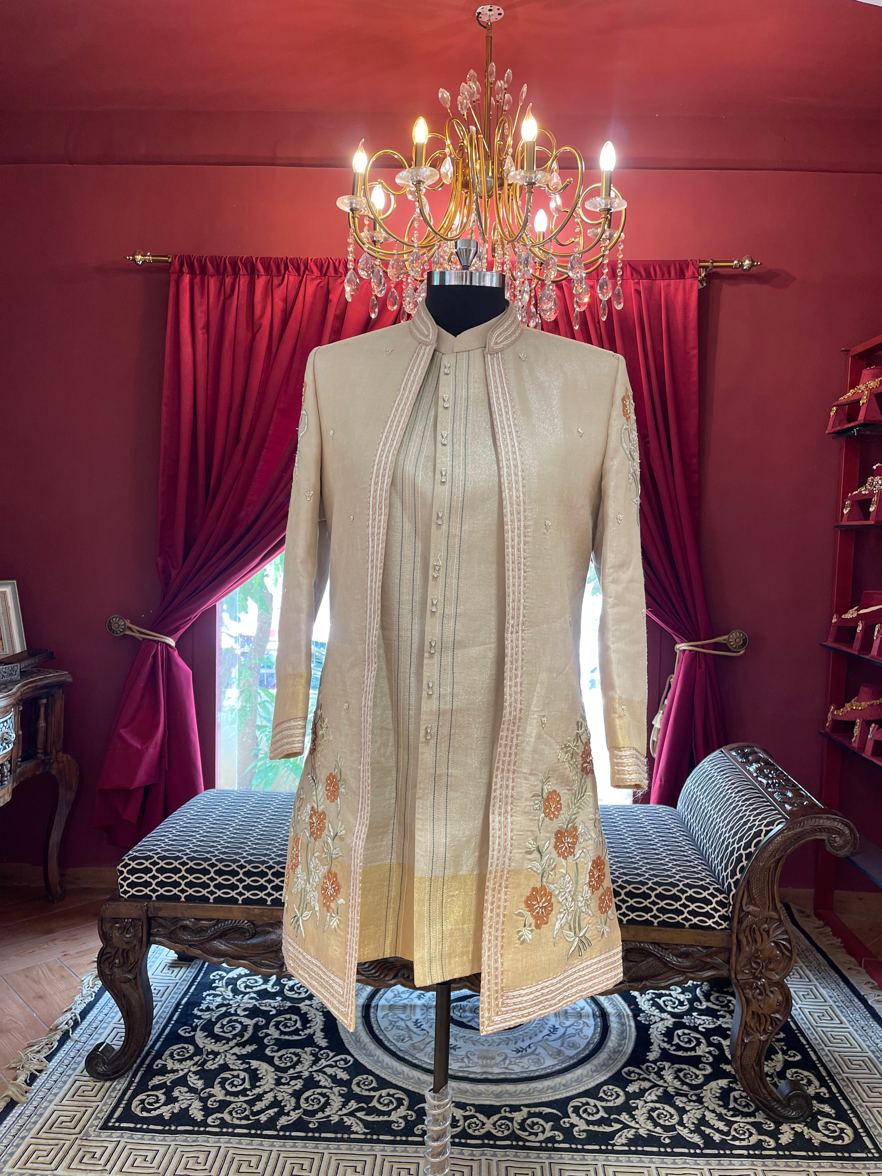 Golden Sherwani With Floral Embroidery