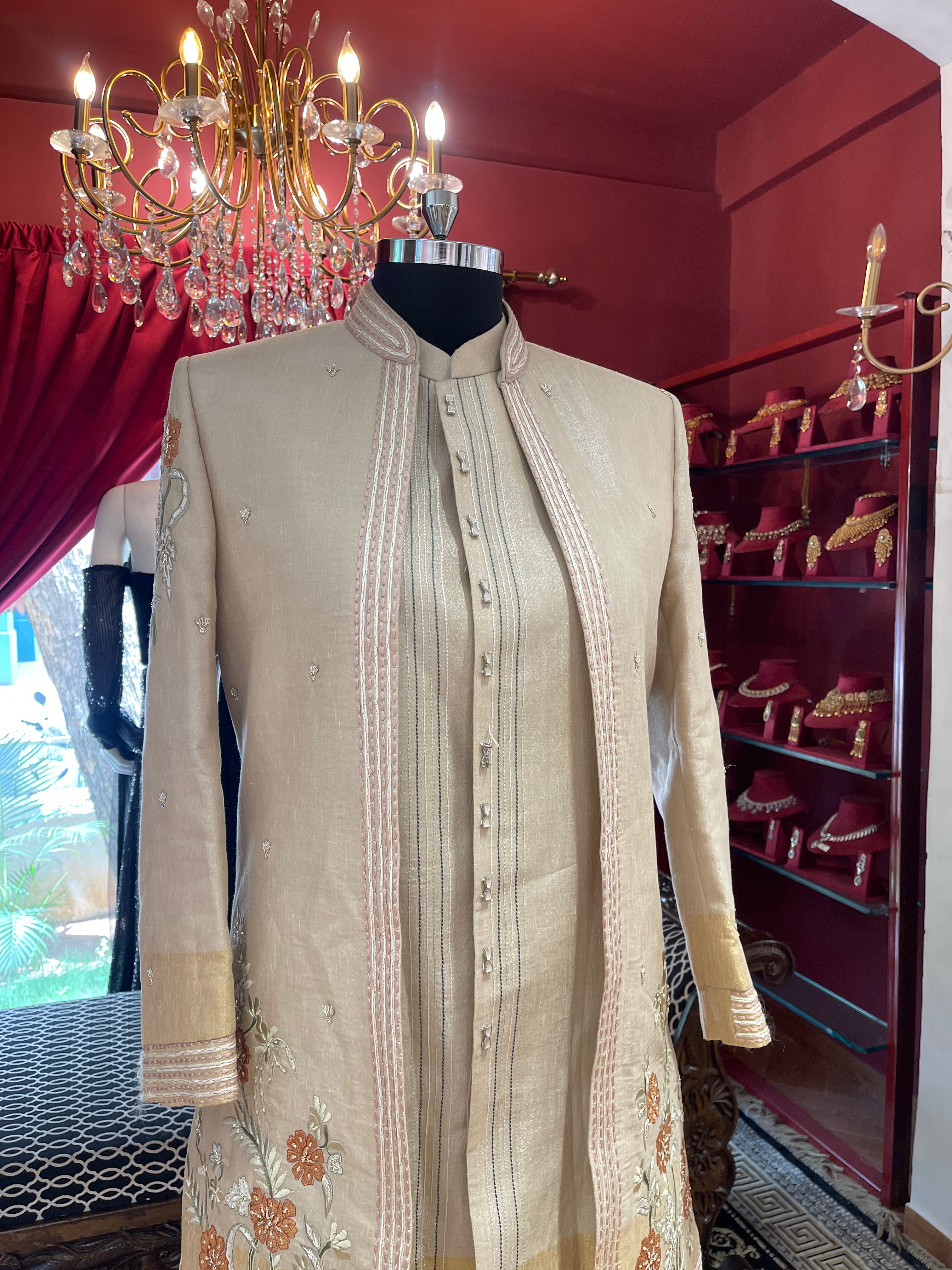 Golden Sherwani With Floral Embroidery