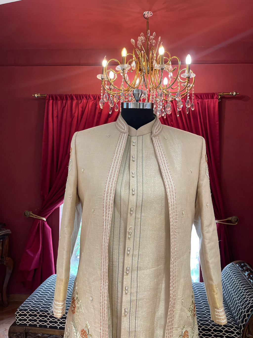 Golden Sherwani With Floral Embroidery