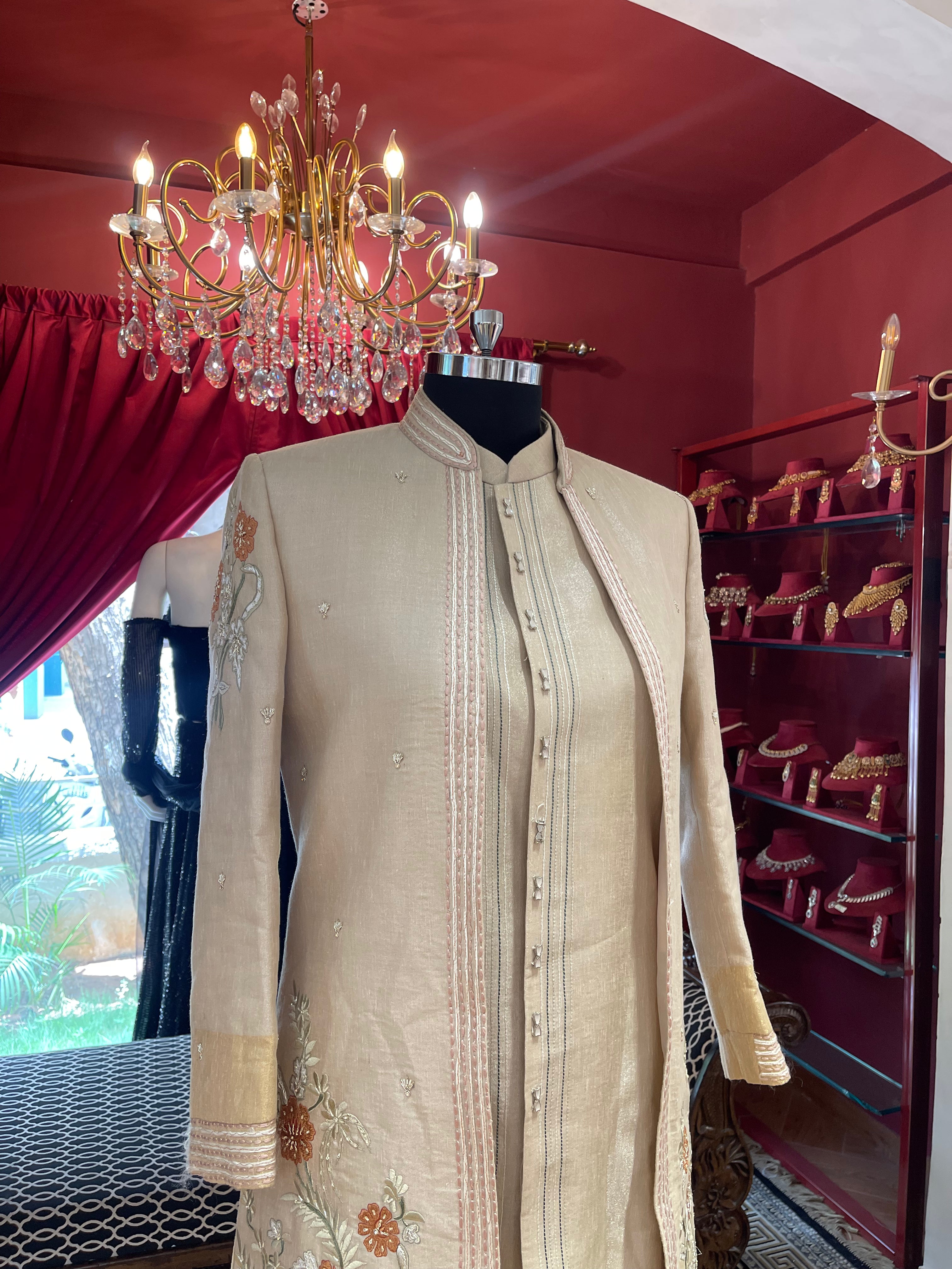 Golden Sherwani With Floral Embroidery