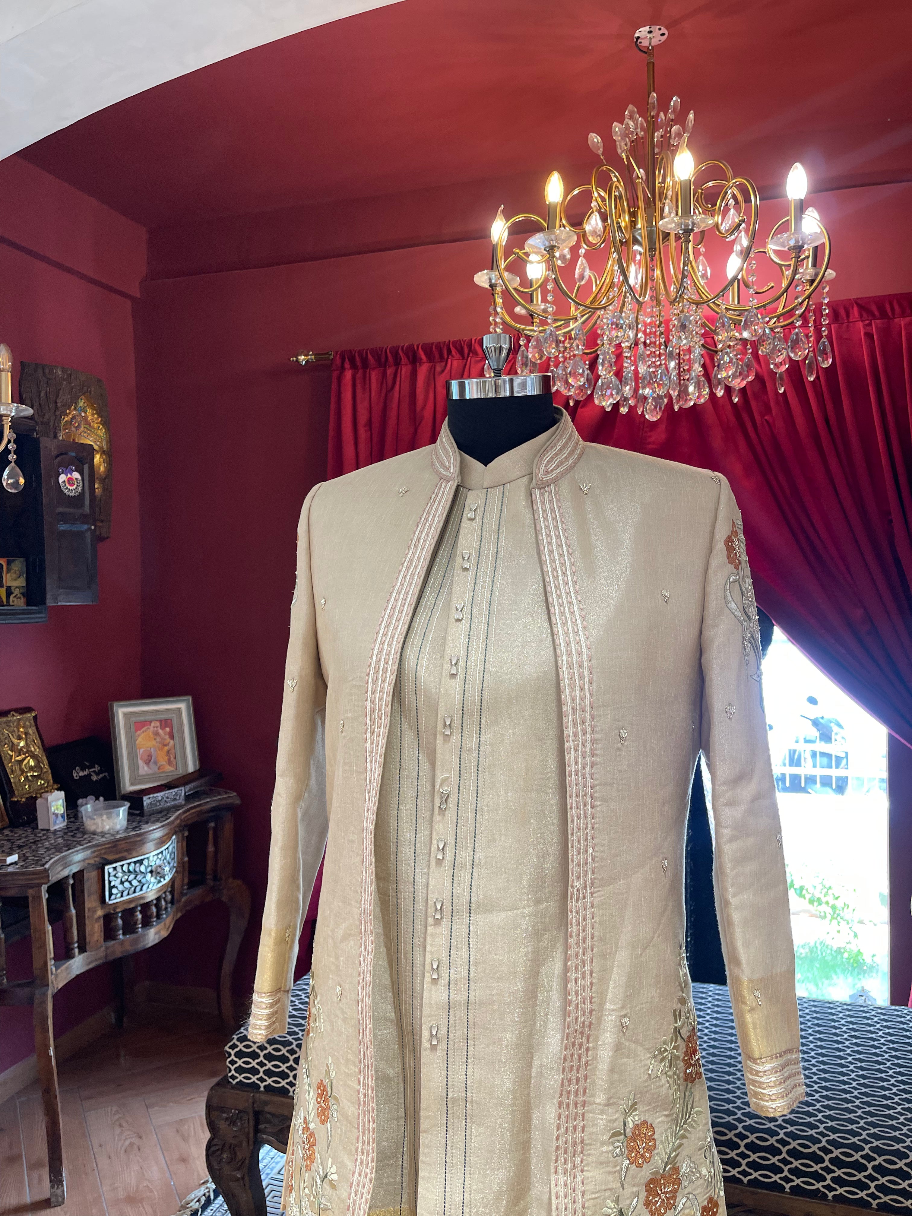 Golden Sherwani With Floral Embroidery