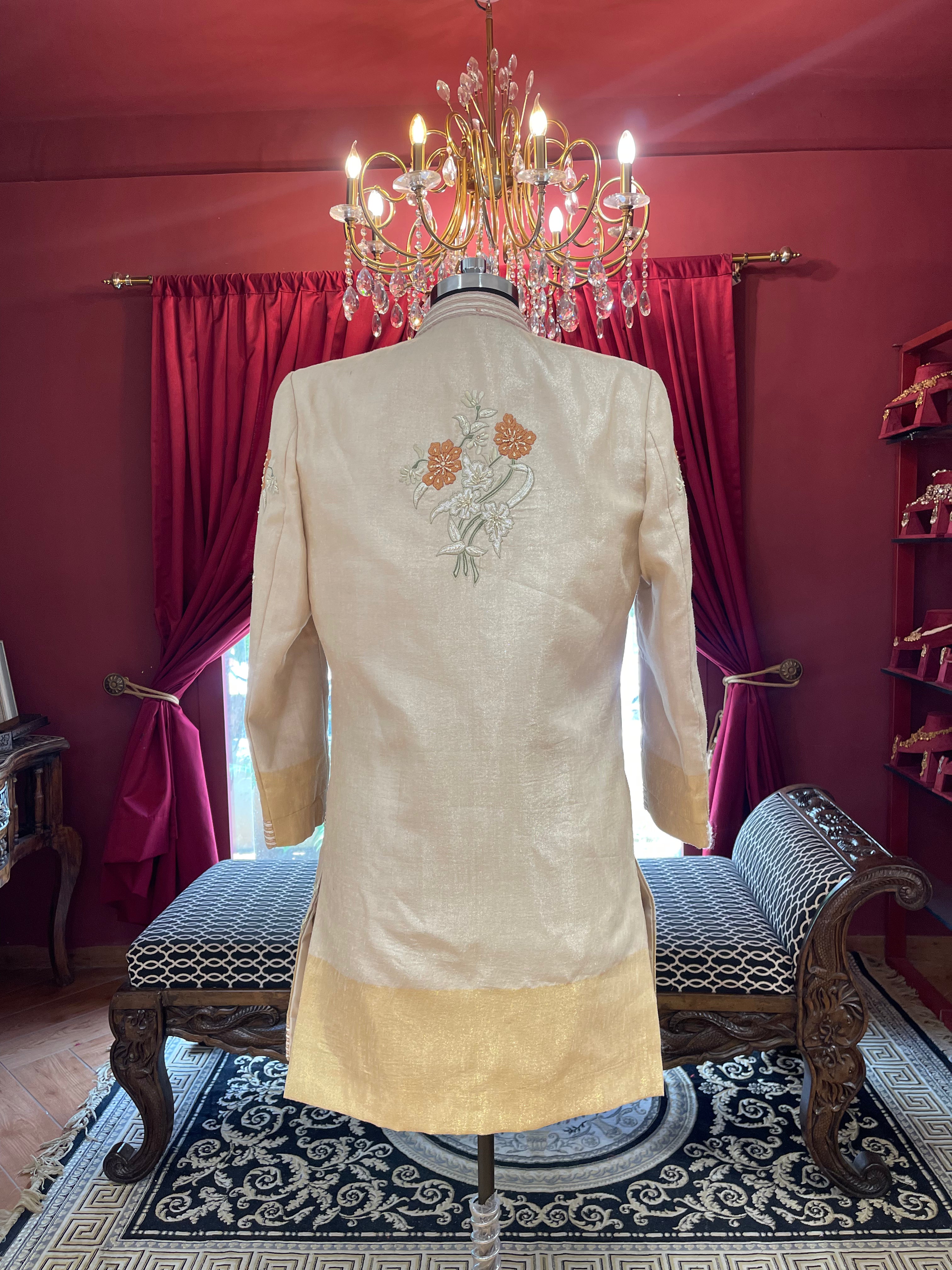 Golden Sherwani With Floral Embroidery