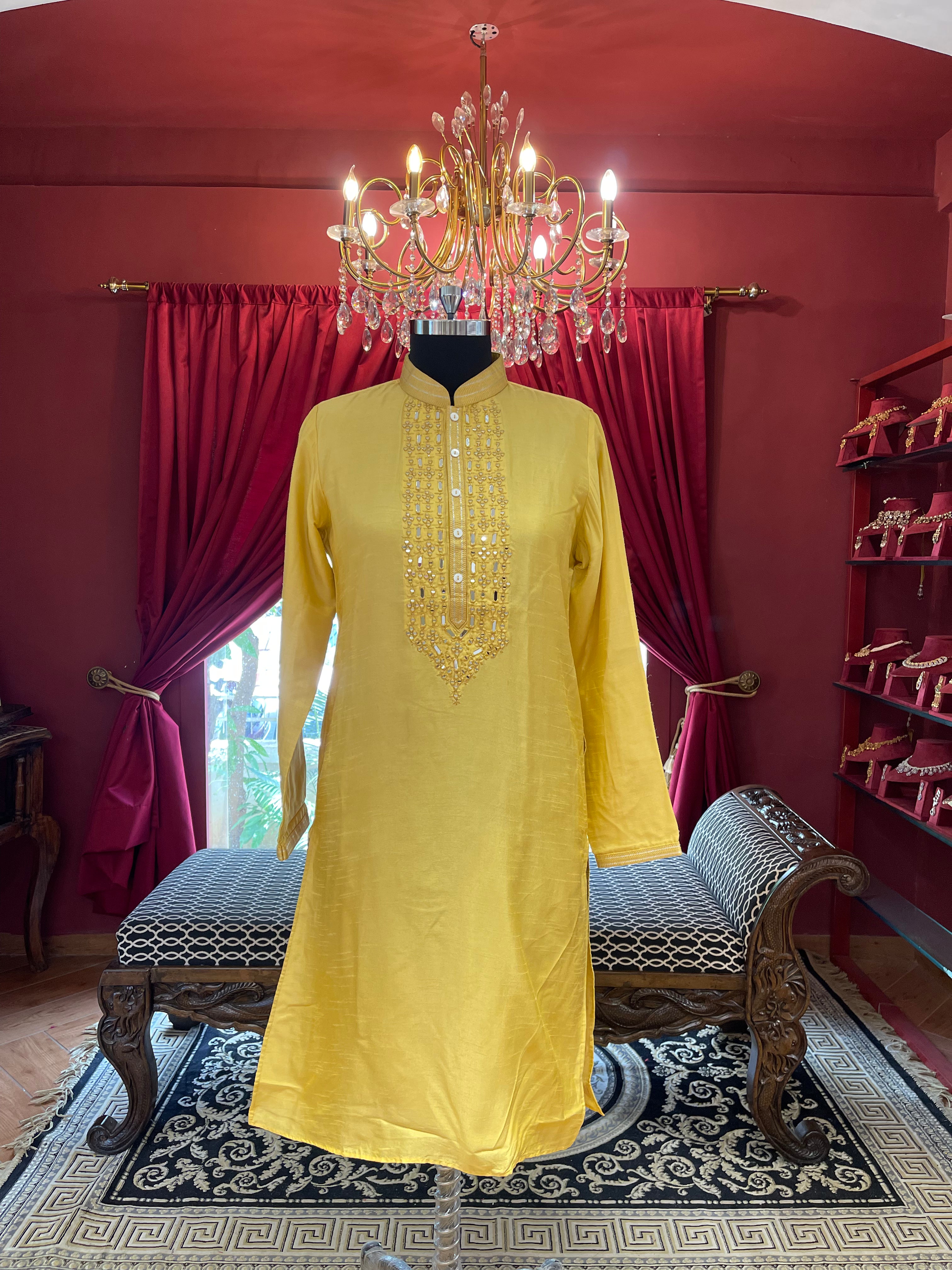 Yellow Mirror Work Kurta