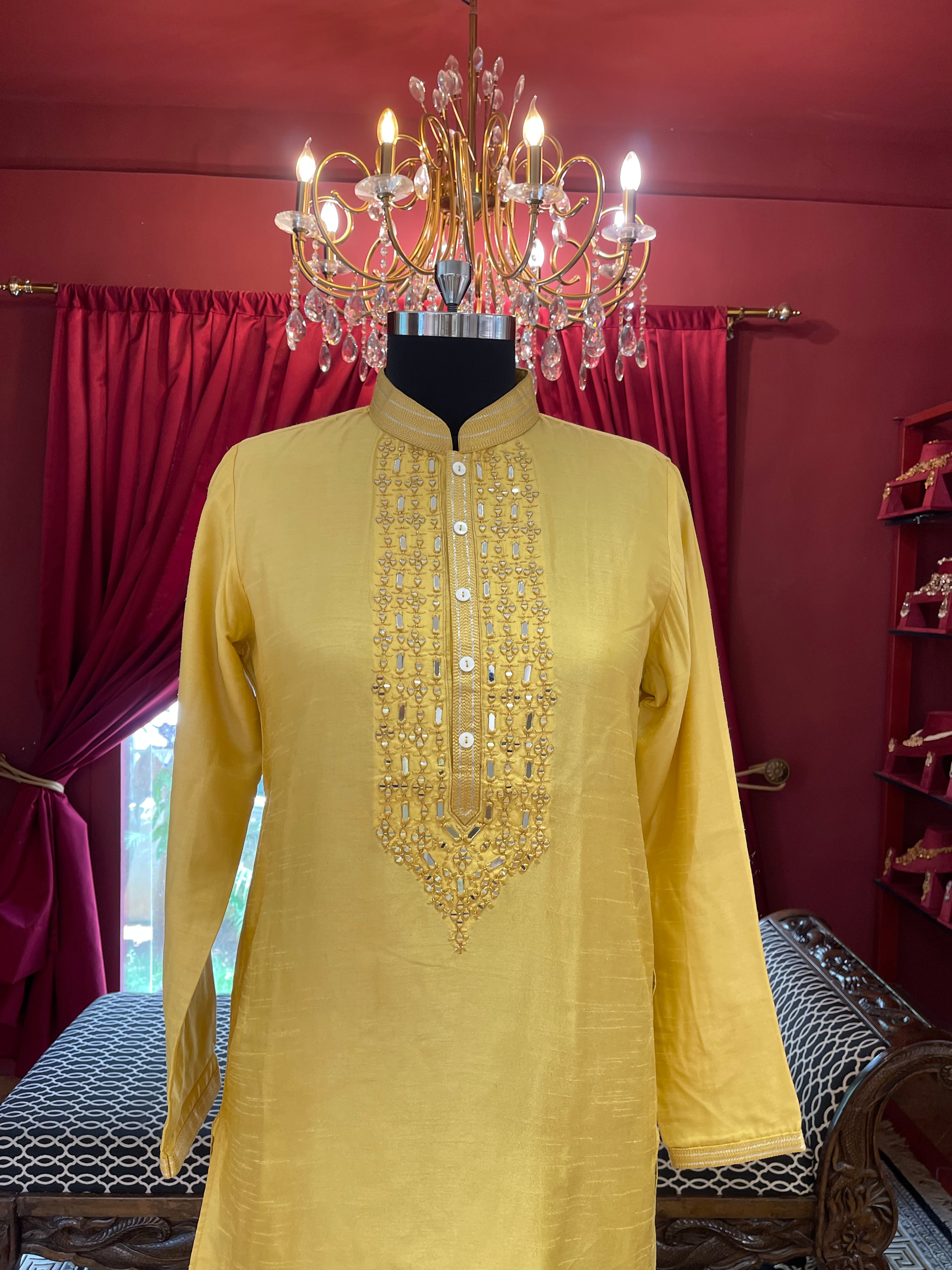 Yellow Mirror Work Kurta