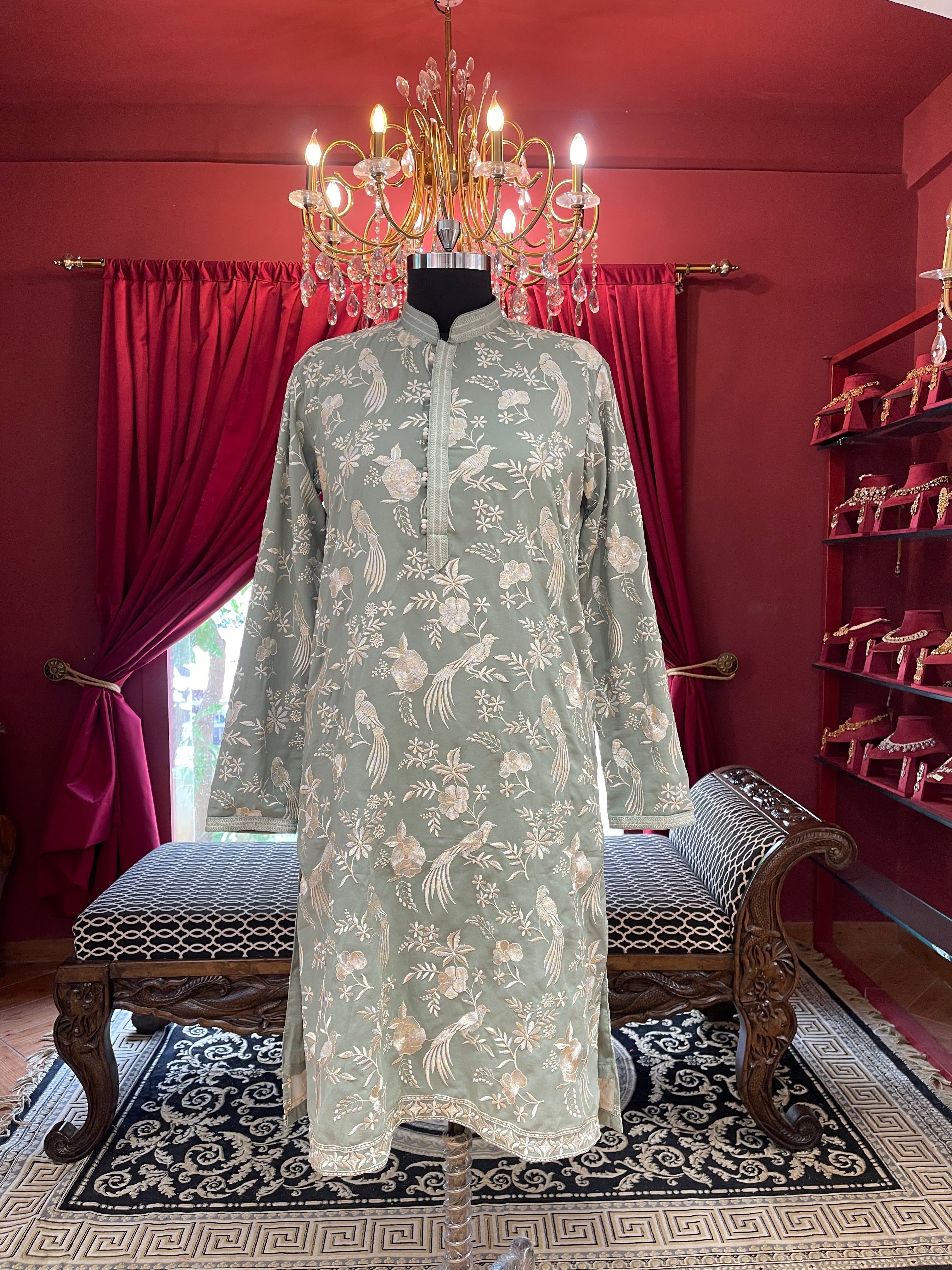 Mint Green Floral with Birds Kurta