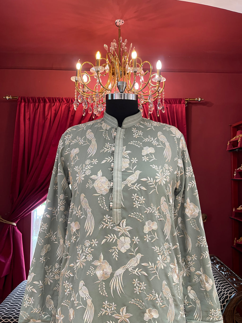 Mint Green Floral with Birds Kurta